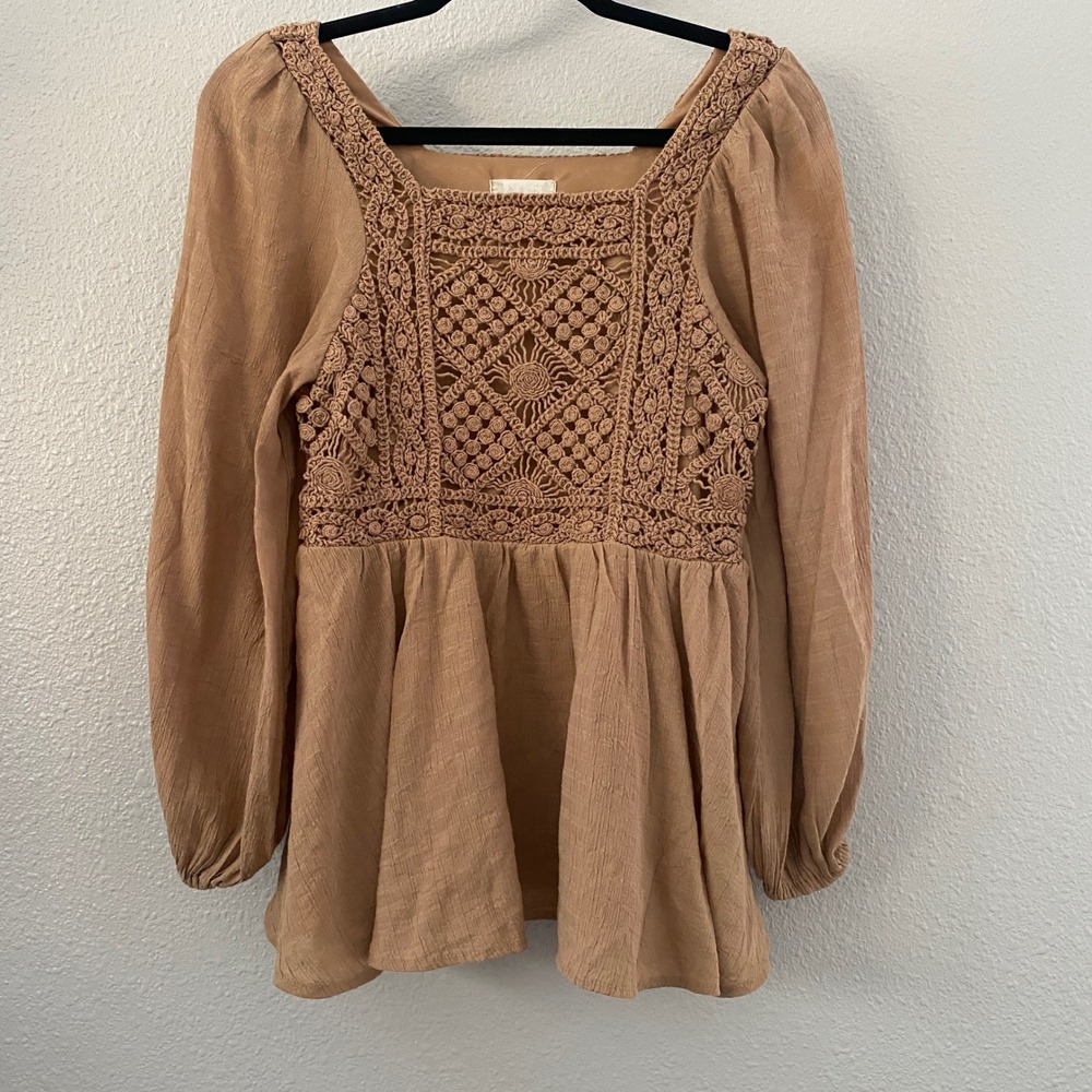 Tan Crochet Babydoll Top Small Peasant Bohemian Festival Mori Kei Cottagecore